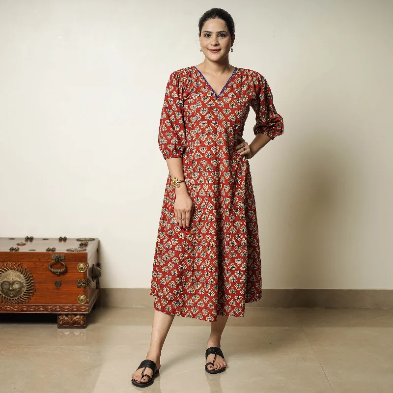Women's Button-up Shirt Dress-Red - Bagru Block Printed Cotton Flared Dress 04