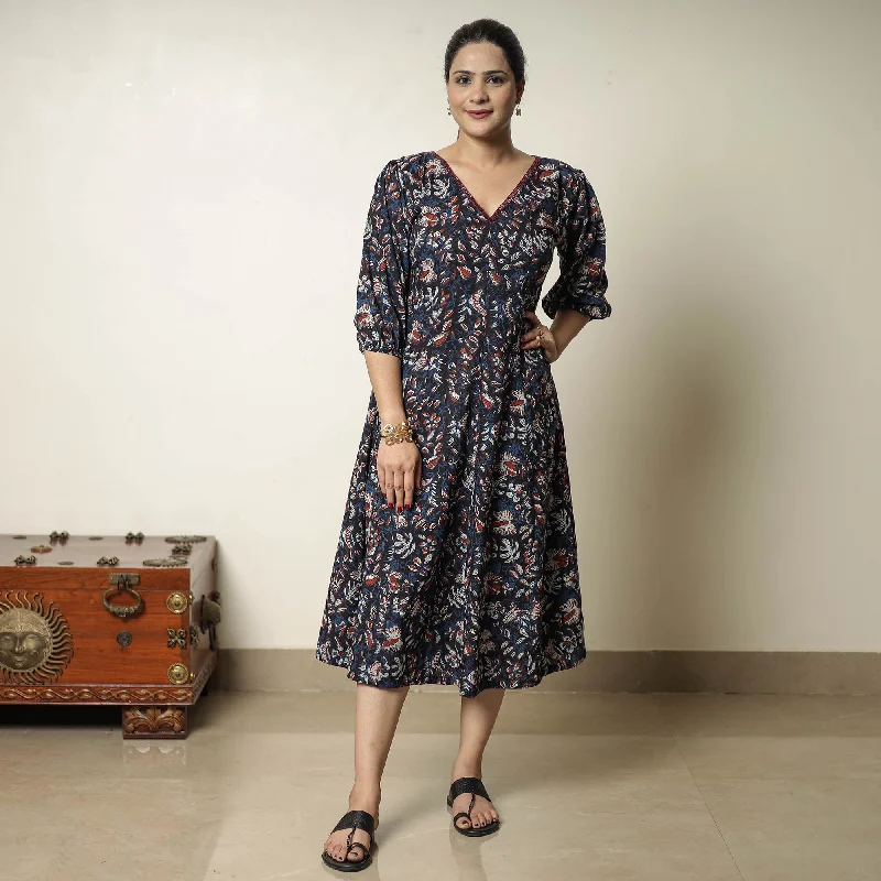 Women's Linen Dress-Blue - Bagru Block Printed Cotton Flared Dress 05