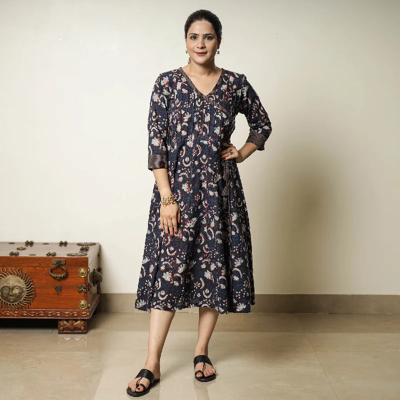 Women's Lace Sleeved Dress-Blue - Bagru Block Printed Cotton Angrakha Flared Dress 08