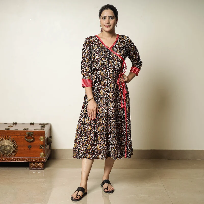 Women's High-Low Dress-Black - Bagru Block Printed Cotton Angrakha Flared Dress 09