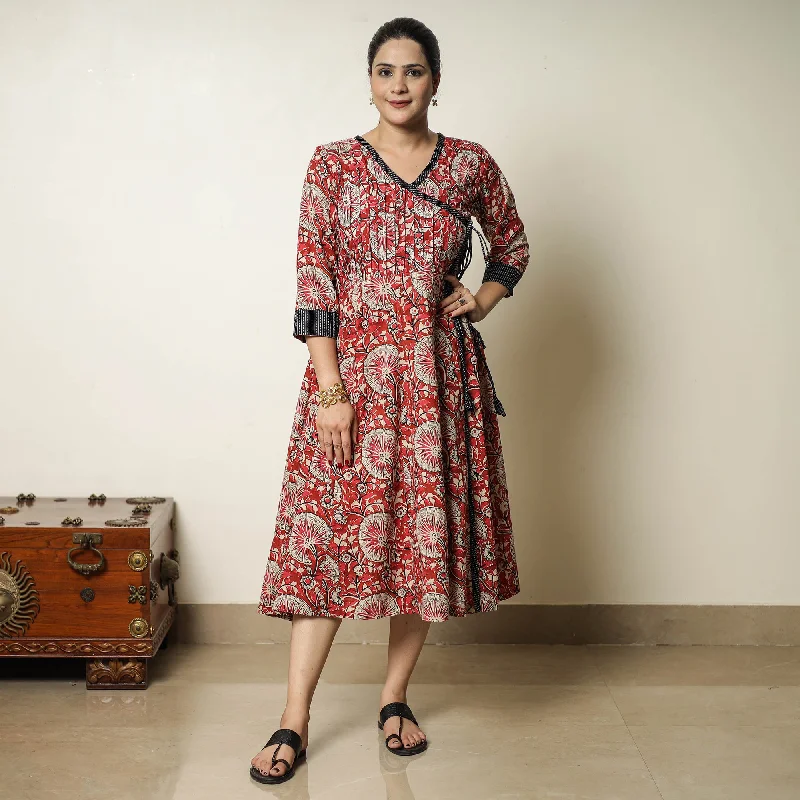 Women's Mini Skirt Dress-Red - Bagru Block Printed Cotton Angrakha Flared Dress 10