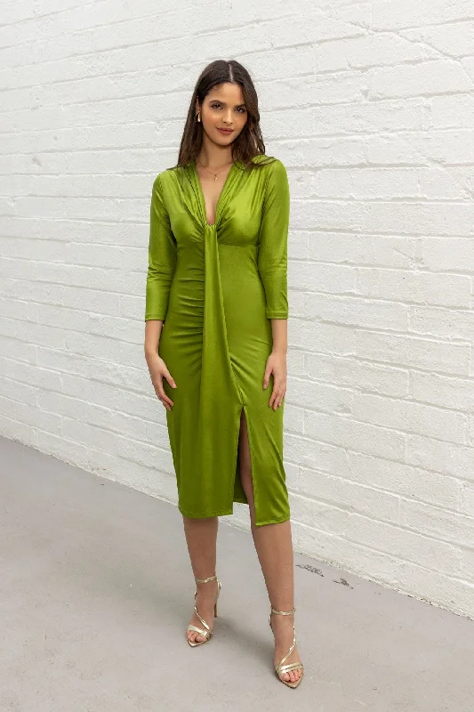 Women's One-shoulder Midi Dress-Green Fitted Midi Dress