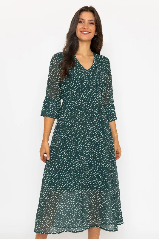 Women's Bohemian Styled Midi Dress-3/4 Sleeve Kerry Midi Dress in Green Print