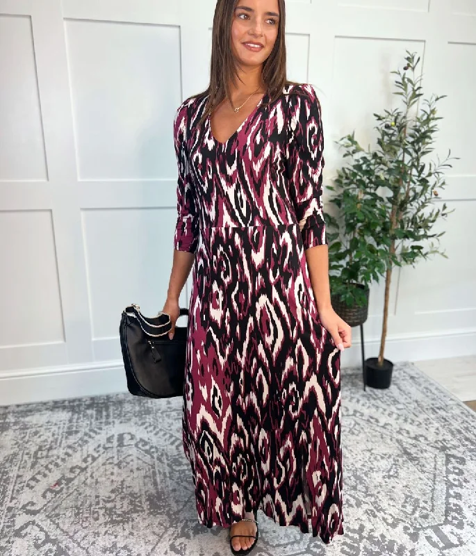 Women's Vintage Style Midi Dress-Aztec Print Jersey Midi Dress