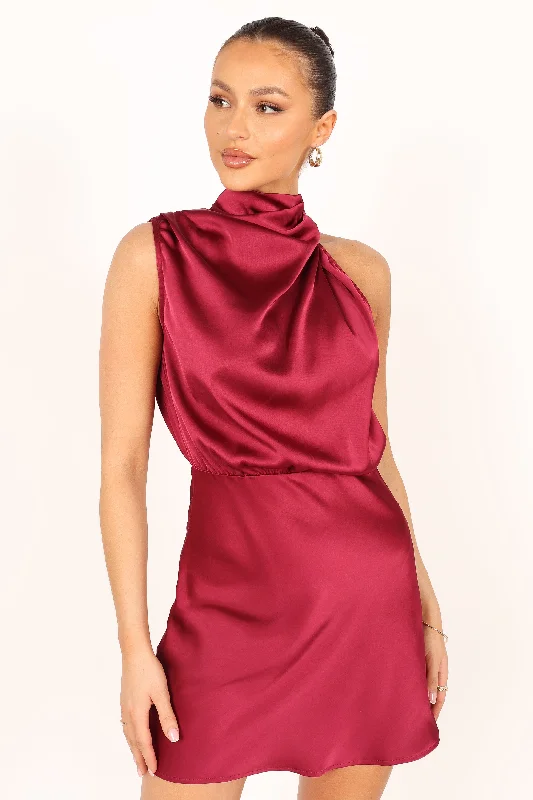 Women's Boho Style Mini Dress-Anabelle Halter Neck Mini Dress - Berry