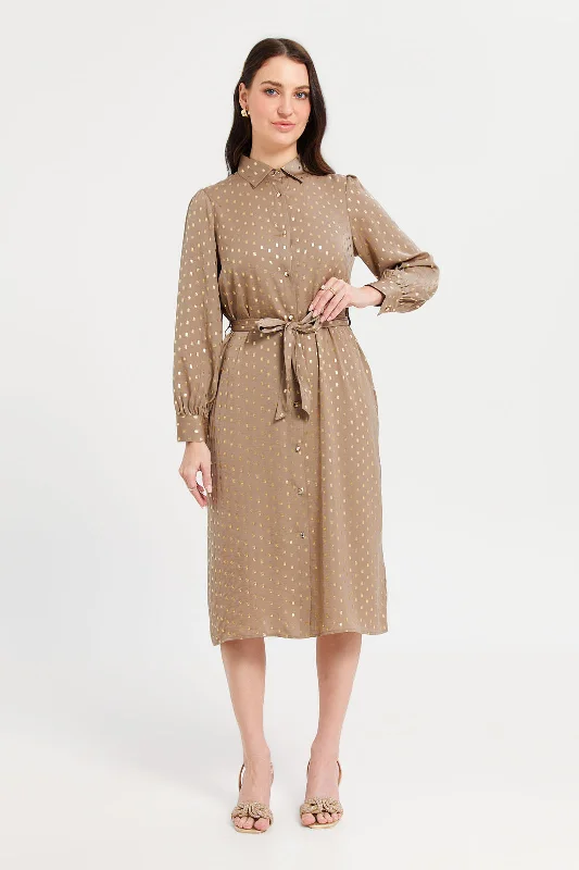 Trendy Casual Shirt Dress-Women Beige Embellished Shirt Dress