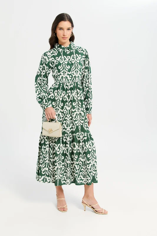 Women's Pleated Maxi Dress-Women Green And White Printed Tiered Dress