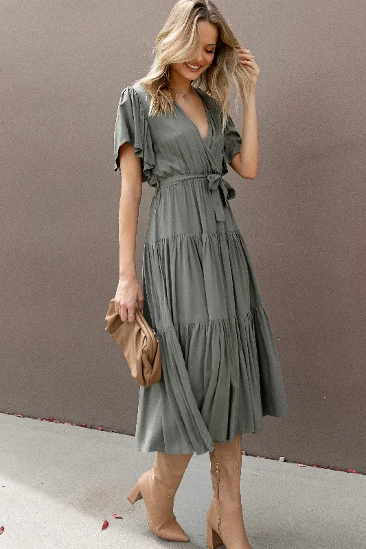 Women's Silk Midi Dress-Barker Dress - Olive