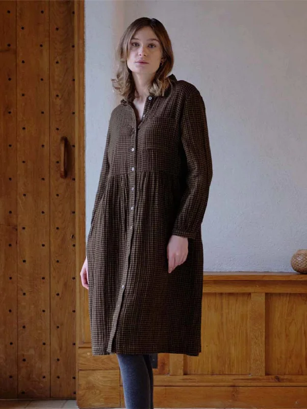 Vintage Checkered Shirt Dress-Bea Cotton Shirt Dress | Khaki Check