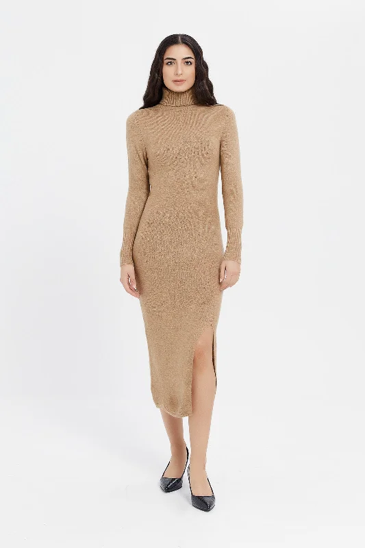 Women's Retro Print Dress-Women Beige Sweater Dress