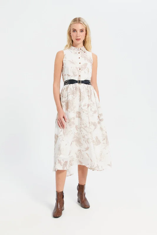 Button-up Plaid Shirt Dress-Women Beige Printed Shirt Dress