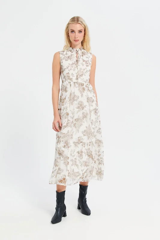 Women's Chic Cocktail Dress-Women Beige Printed Sleeveless Dress
