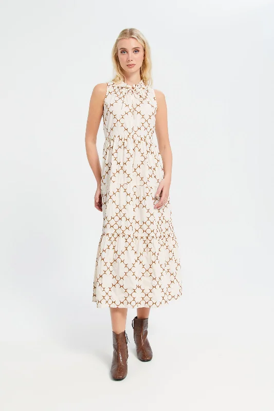 Women's Sequin Cocktail Dress-Women Beige Embroidered Sleeveless Tiered Dress