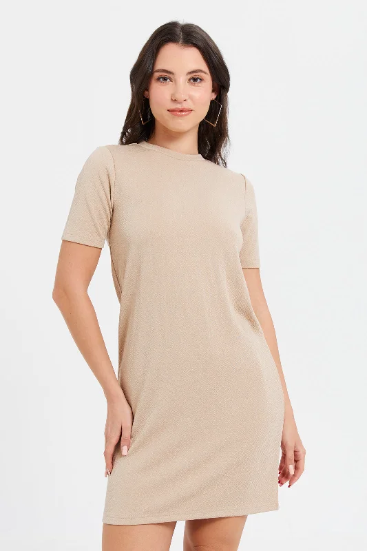 Women's Button-down Plaid Shirt Dress-Women Beige Short Sleeve T-Shirt Dress