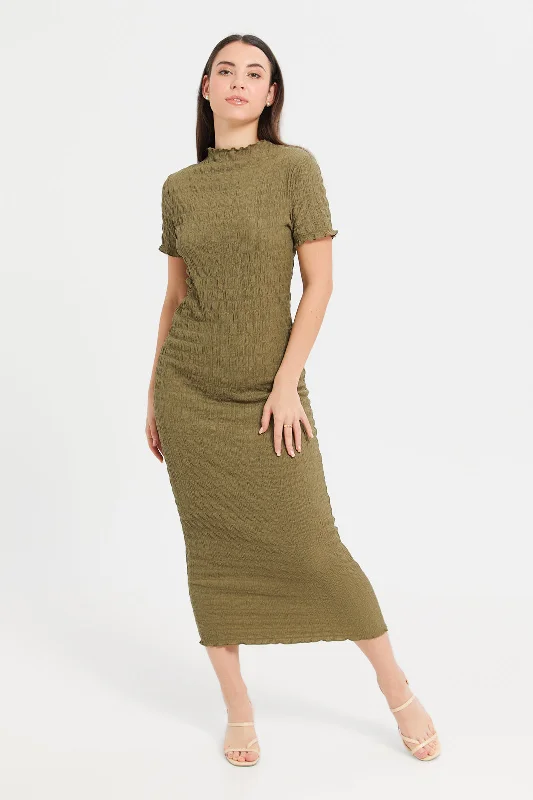 Casual Green Satin Bodycon Dress -Women Beige Textured Bodycon Dress
