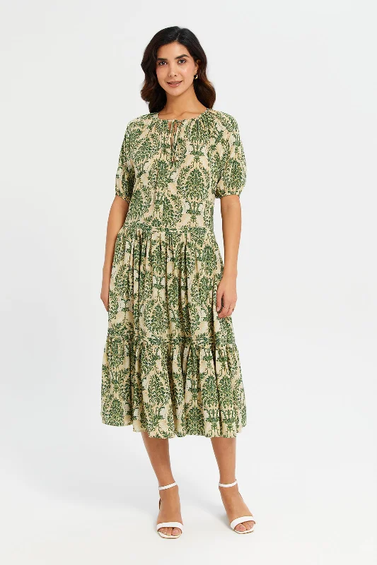 Women's Lightweight Dress-Women Beige And Olive Printed Tiered Dress