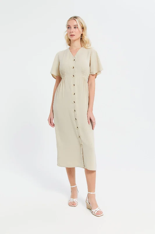 Women's Pleated Back Midi Dress-Women Beige Buttoned Midi Dress