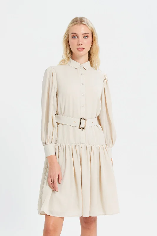 Stylish A-line Shirt Dress-Women Beige Plain Shirt Dress