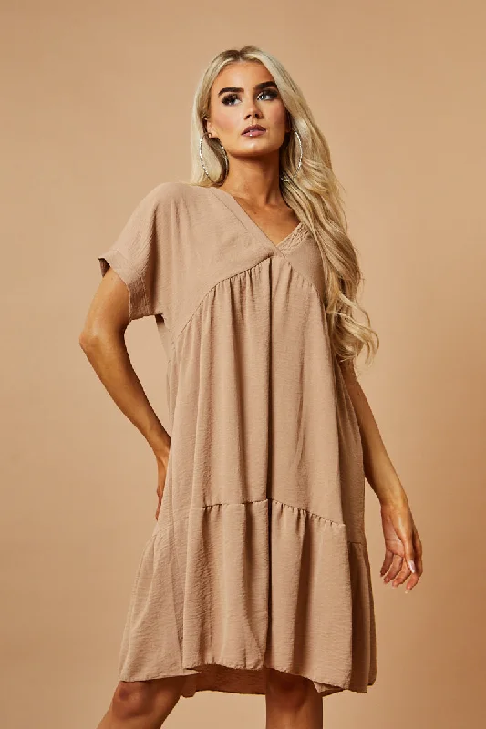 Women's Long Sleeve A-line Mini Dress-Beige V-Neck Tiered Frill Mini Dress - Kate