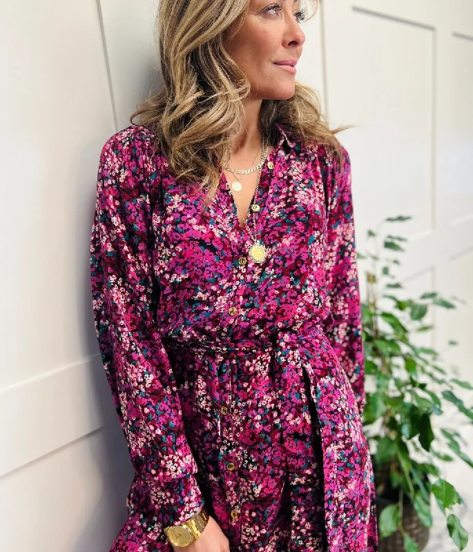 Fashionable Button-up Shirt Dress-Berry Floral Print Midi Shirt Dress