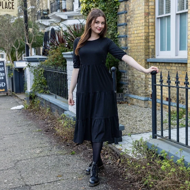 Women's Satin Lace Midi Dress-Beth Black Midi Breastfeeding Dress