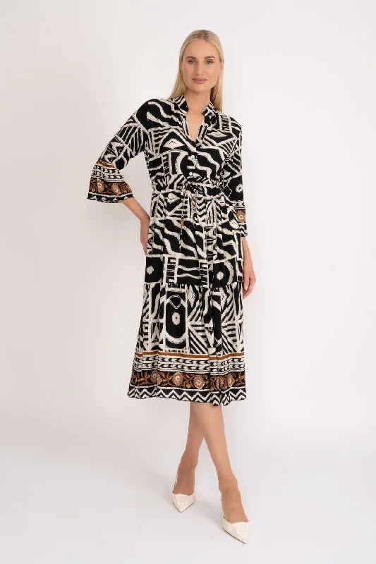 Women's Summer Slip Midi Dress-Black 3/4 Length Sleeve Boho Midi Dress