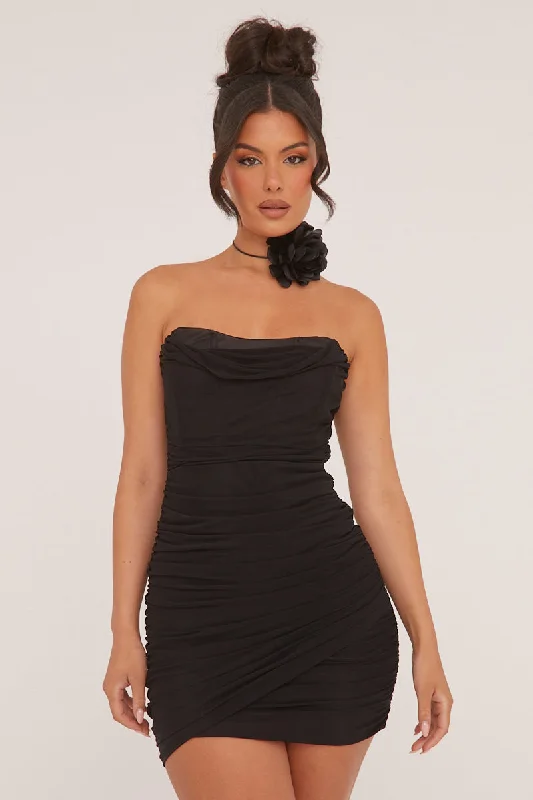 Women's Dress with Asymmetric Hem-Black Bandeau Ruching Detail Mini Dress - Lupita