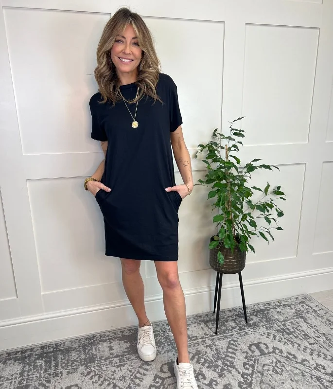 Women's Soft Cotton Shirt Dress-Black Cotton Mini T Shirt Dress