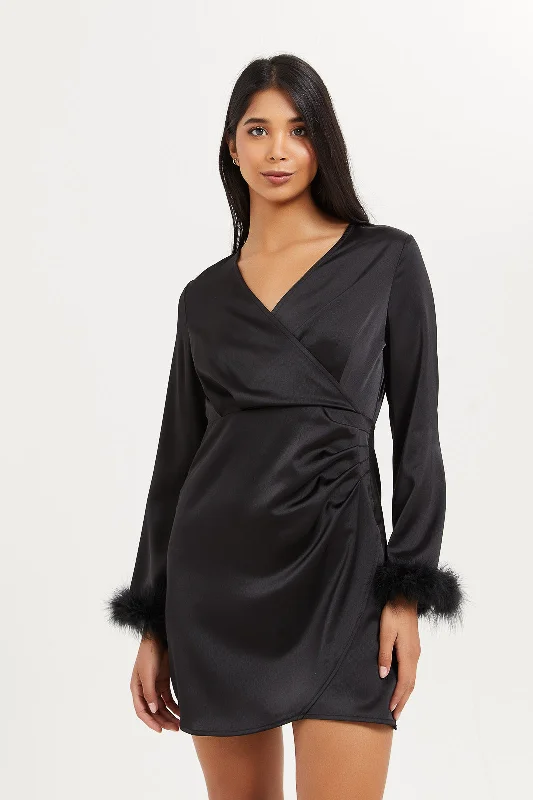 Women's Cozy Knit Mini Dress-Women Black Satin Feather Mini Dress