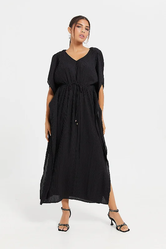 Women's Modern Dress-Women Black Pleated Long Dress