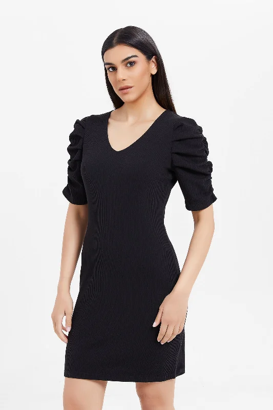 Women's Print Mini Dress-Women Black Ribbed Dress