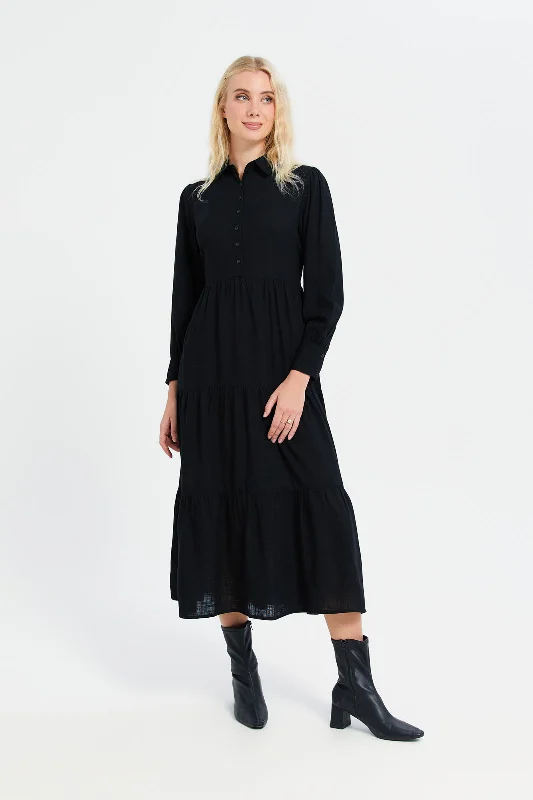 Women's Velvet Cocktail Dress-Women Black Shirt Tier Dress