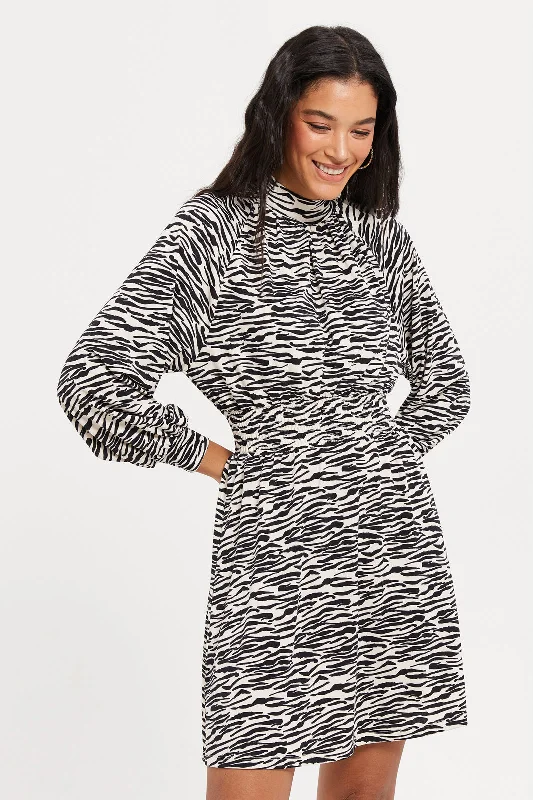 Women's Gold Satin Dress-Women Black And White Animal Printed Dress
