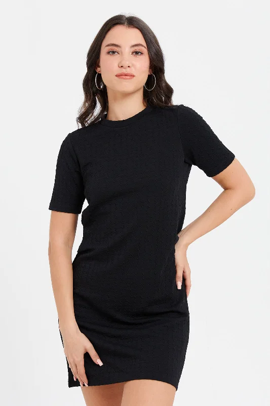 Women's Long Shirt Dress-Women Black Short Sleeve T-Shirt Dress