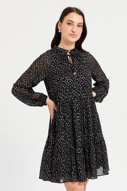 Women's Off-Shoulder Knit Dress-Women Black Printed Tier Dress