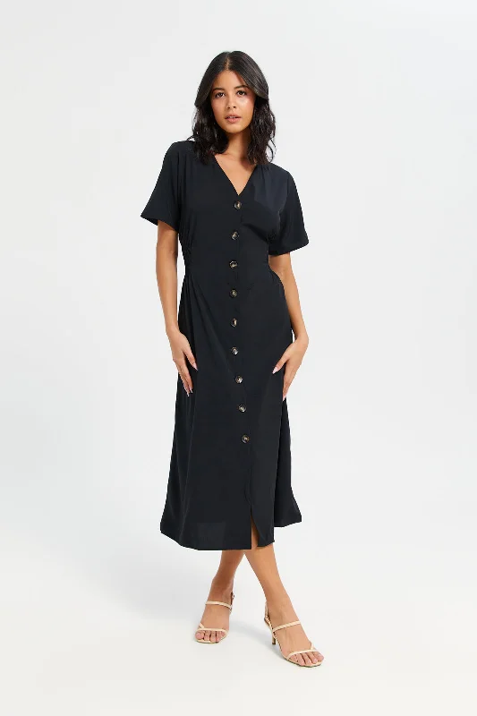 Women's Skater Dress with Sleeves-Woman Black Front Buttons Dress