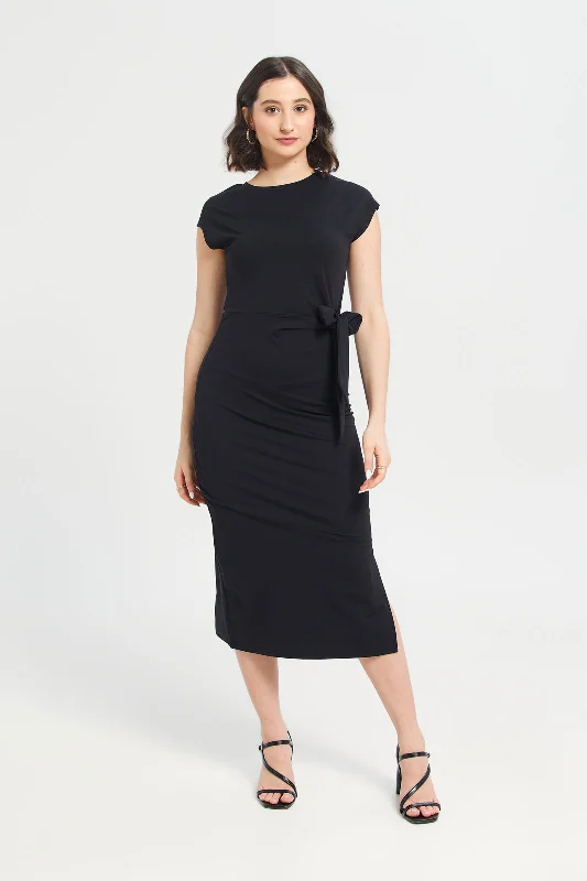 Women's Lace Midi Dress with Sleeves-Tie Jersey Shift Dress