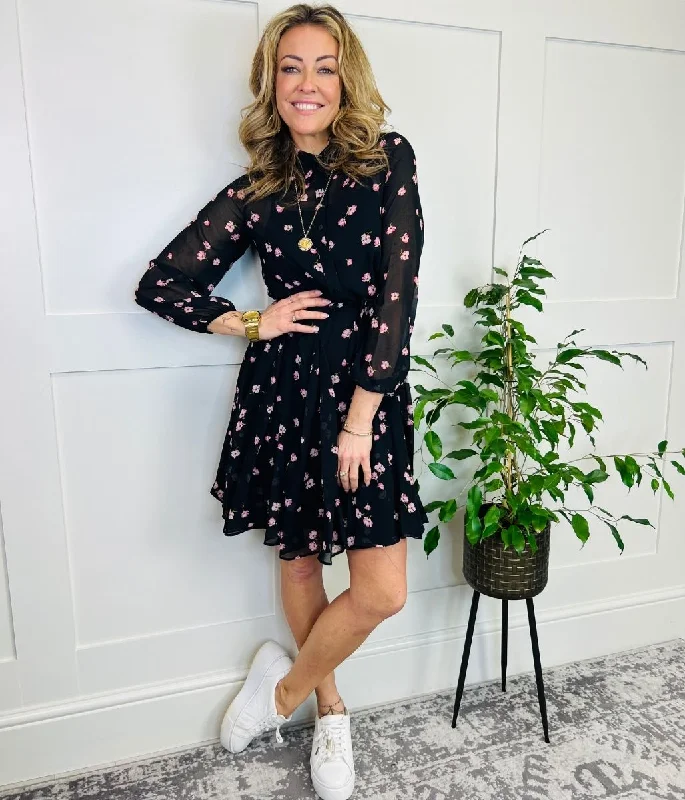 Comfortable Denim Shirt Dress for Winter-Black Flower Print Chiffon Shirt Dress