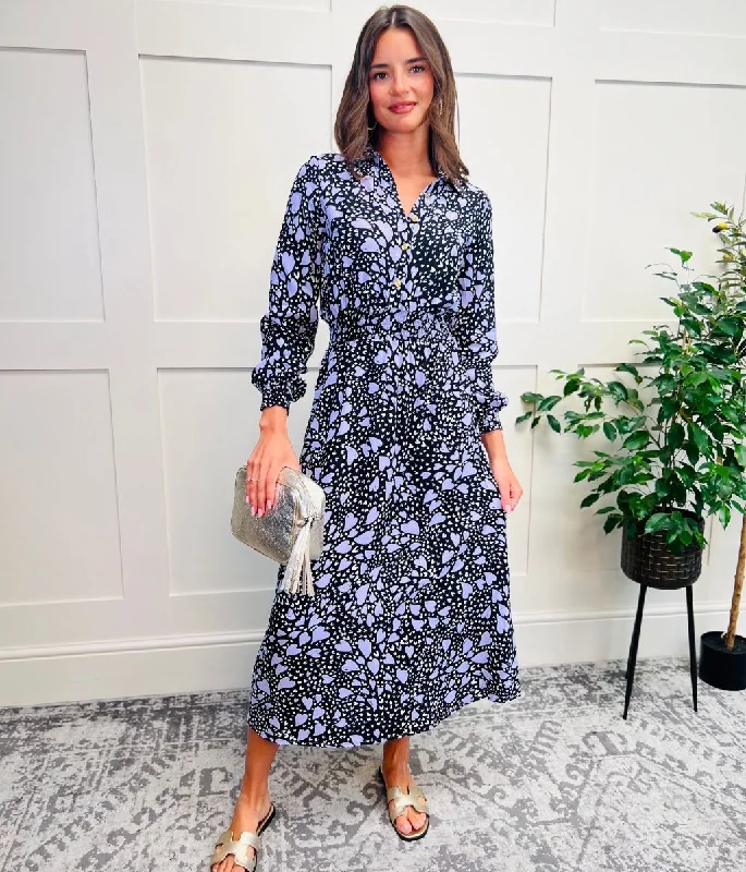 Women's Floral Shirt Dress-Black Heart Print Midi Shirt Dress