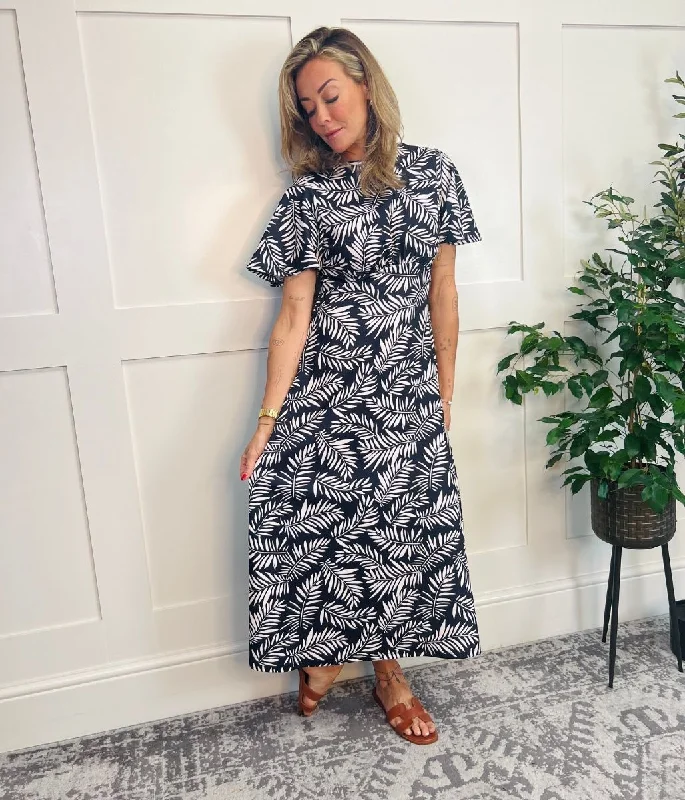 Women's Tulle Sleeve Midi Dress-Black & Ivory Leaf Print Kate Midi Dress