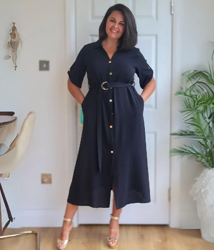 Women's Party Shirt Dress-Black Gold Button Shirt Dress