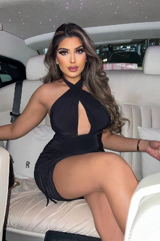 Women's Hot Pink Bodycon Mini Dress-Black Slinky Ruched Halter Neck Mini Dress - Raylinn Women's Hot Pink Bodycon Mini Dress-Black Slinky Ruched Halter Neck Mini Dress - Raylinn