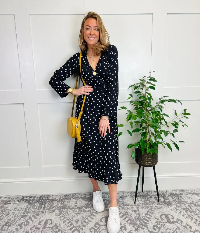 Women's Fall Midi Dress-Black Spotted Print Wrap Midi Dress