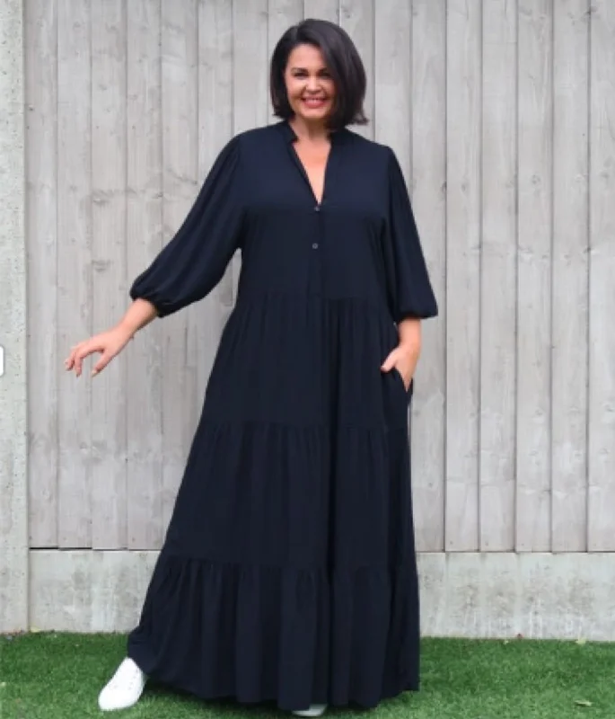 Wool Shirt Dress-Black Tiered Maxi Shirt Dress