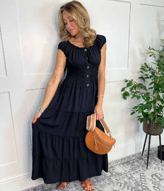 Women's Casual Shift Midi Dress-Black Tiered Shirred Midi Dress