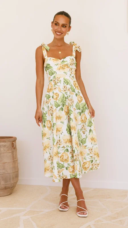 Women's Ribbed Stretch Midi Dress-Blakely Midi Dress - Yellow Floral