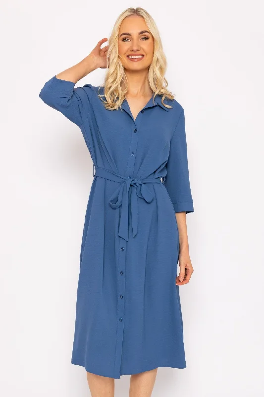 Stylish Women's Shirt Dress-Blue Belted Shirt Dress