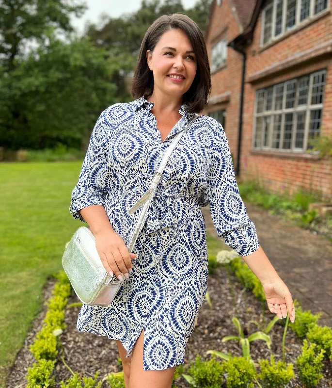 Elegant V-neck Shirt Dress-Blue Dial Print Shirt Dress