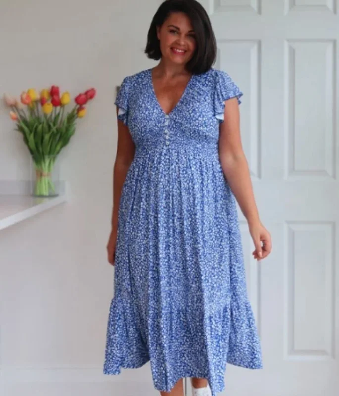 Women's Casual Sleeveless Midi Dress-Blue Ditsy Floral Shirred Midi Dress