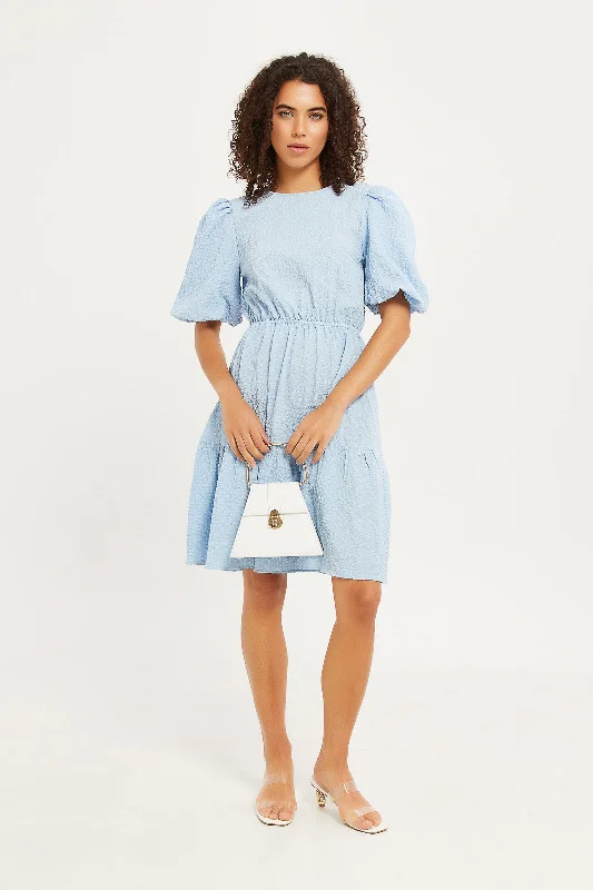 Women's Striped Midi Dress-Women Blue Puff Seelves Midi Dress